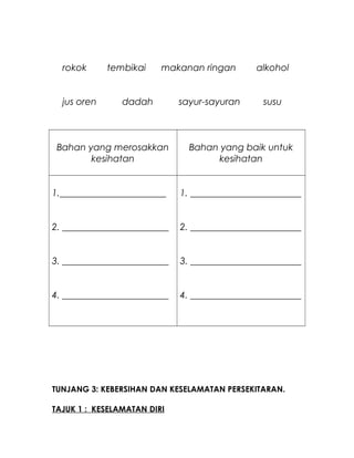 rokok tembikai makanan ringan alkohol
jus oren dadah sayur-sayuran susu
Bahan yang merosakkan
kesihatan
Bahan yang baik untuk
kesihatan
1._______________________
2. _______________________
3. _______________________
4. _______________________
1. ________________________
2. ________________________
3. ________________________
4. ________________________
TUNJANG 3: KEBERSIHAN DAN KESELAMATAN PERSEKITARAN.
TAJUK 1 : KESELAMATAN DIRI
 
