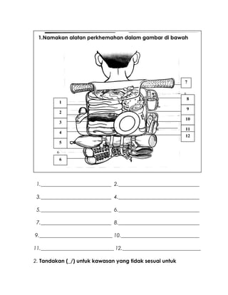 1.___________________________ 2._______________________________
3.___________________________ 4._______________________________
5.___________________________ 6._______________________________
7.___________________________ 8._______________________________
9.____________________________ 10.______________________________
11.____________________________ 12.______________________________
2. Tandakan (_/) untuk kawasan yang tidak sesuai untuk
1.Namakan alatan perkhemahan dalam gambar di bawah
1
2
3
5
4
6
7
8
9
10
11
12
 