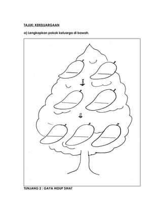 TAJUK: KEKELUARGAAN
a) Lengkapkan pokok keluarga di bawah.
TUNJANG 2 : GAYA HIDUP SIHAT
 
