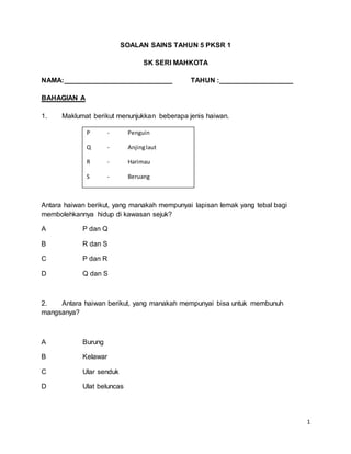 1
SOALAN SAINS TAHUN 5 PKSR 1
SK SERI MAHKOTA
NAMA:____________________________ TAHUN :___________________
BAHAGIAN A
1. Maklumat berikut menunjukkan beberapa jenis haiwan.
Antara haiwan berikut, yang manakah mempunyai lapisan lemak yang tebal bagi
membolehkannya hidup di kawasan sejuk?
A P dan Q
B R dan S
C P dan R
D Q dan S
2. Antara haiwan berikut, yang manakah mempunyai bisa untuk membunuh
mangsanya?
A Burung
B Kelawar
C Ular senduk
D Ulat beluncas
P - Penguin
Q - Anjinglaut
R - Harimau
S - Beruang
 