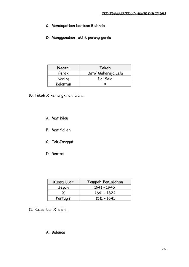 Soalan PAT Sejarah KSSR Tahun 5 2015