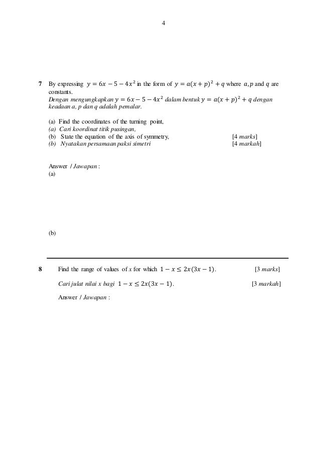 Matematik Tambahan Soalan set 1