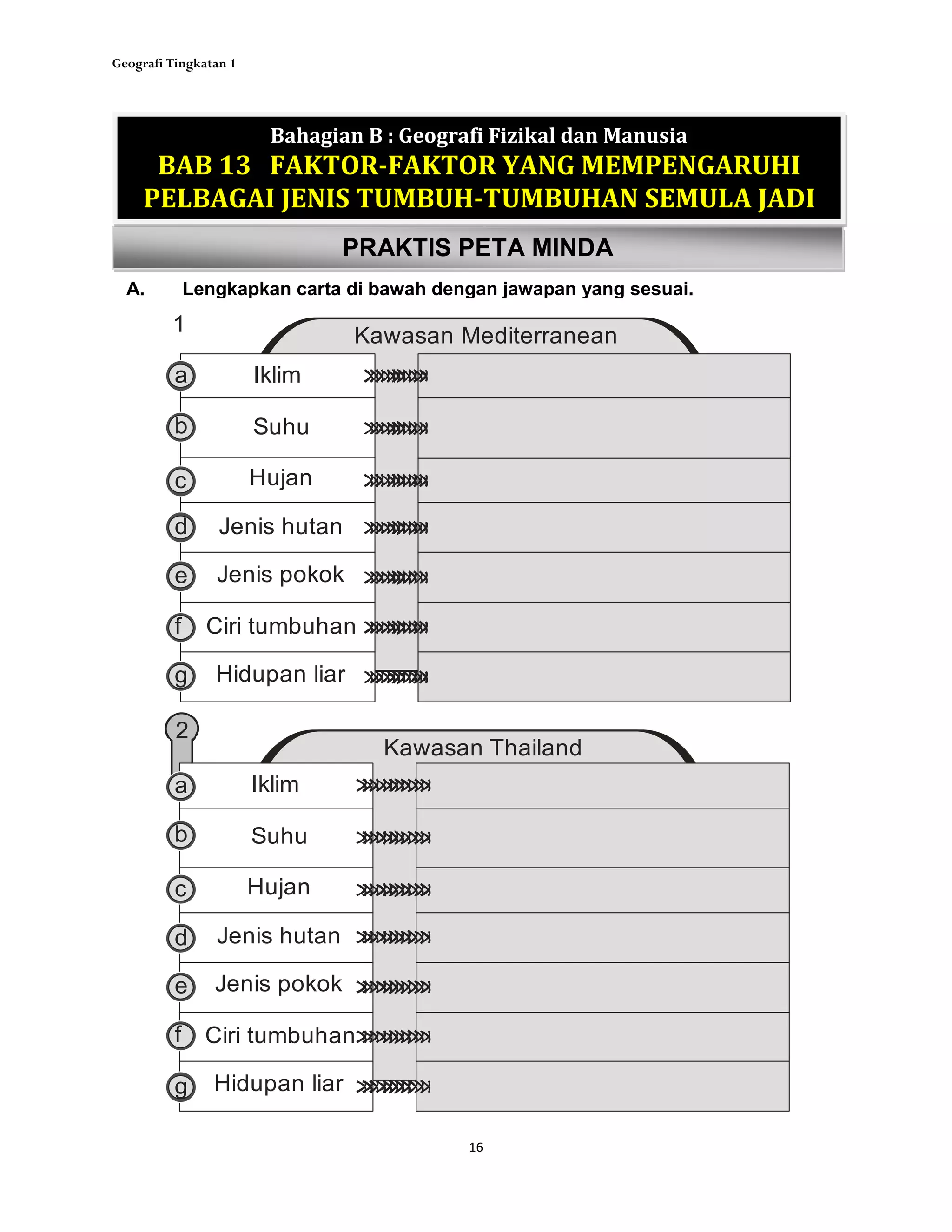 Geografi Tingkatan 1
16
PRAKTIS PETA MINDA
Bahagian B : Geografi Fizikal dan Manusia
BAB 13 FAKTOR-FAKTOR YANG MEMPENGARUHI
PELBAGAI JENIS TUMBUH-TUMBUHAN SEMULA JADI
A. Lengkapkan carta di bawah dengan jawapan yang sesuai.
2
1
Kawasan Mediterranean
Iklim
Suhu
Hujan
Jenis hutan
Jenis pokok
Ciri tumbuhan
Hidupan liar
Iklim
Suhu
Hujan
Jenis hutan
Jenis pokok
Ciri tumbuhan
Hidupan liar
Kawasan Thailand
a
b
c
d
e
f
g
a
b
c
d
e
f
g
 