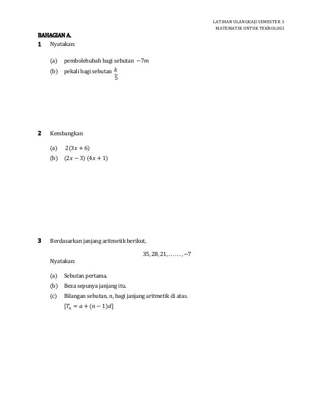 Soalan Ulangkaji Matematik untuk Teknologi Semester 3 