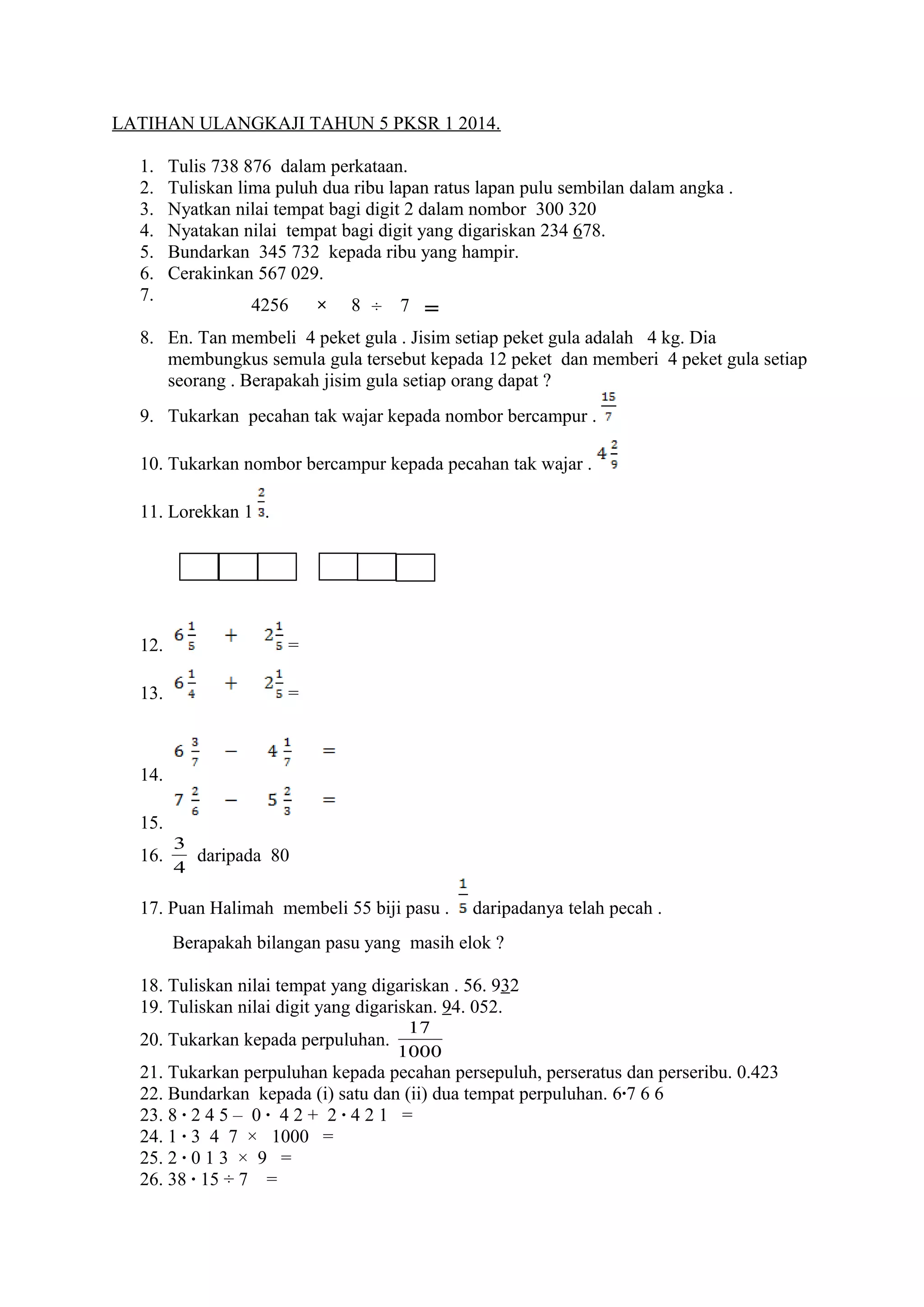 Soalan ulangkaji matematik tahun 5 pksr | DOC