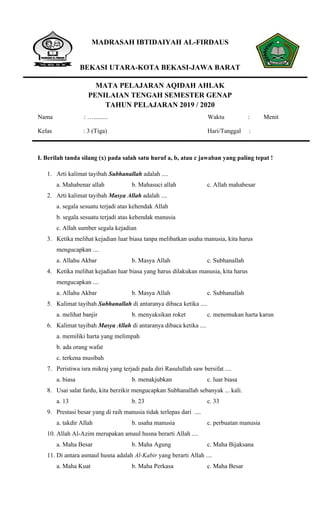Contoh Soal Aqidah Kelas 3 MI/SD