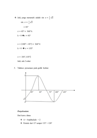  Jadi, yange memenuhi adalah sin 𝑥 =
1
2
√2
sin 𝑥 =
1
2
√2
= 45°
𝑥 = 45° + 360° k
k = 0 𝑥 = 45°
𝑥 = (180° − 45°) + 360° 𝑘
k = 0  𝑥 = 135°
𝑥 = {45°, 135°}
Jadi, ada 2 solusi
5. Tuliskan persamaan pada grafik berikut:
Penyelesaian:
Dari kurva diatas
 A = Amplitududo = 2
 Periode dari 15° sampai 135° = 120°
 