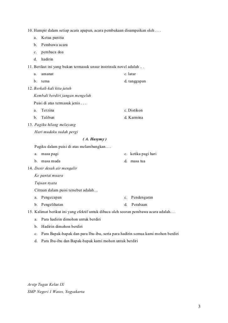 Soal Uh Dan Smt Genapbahasa Indonesia Klas 9