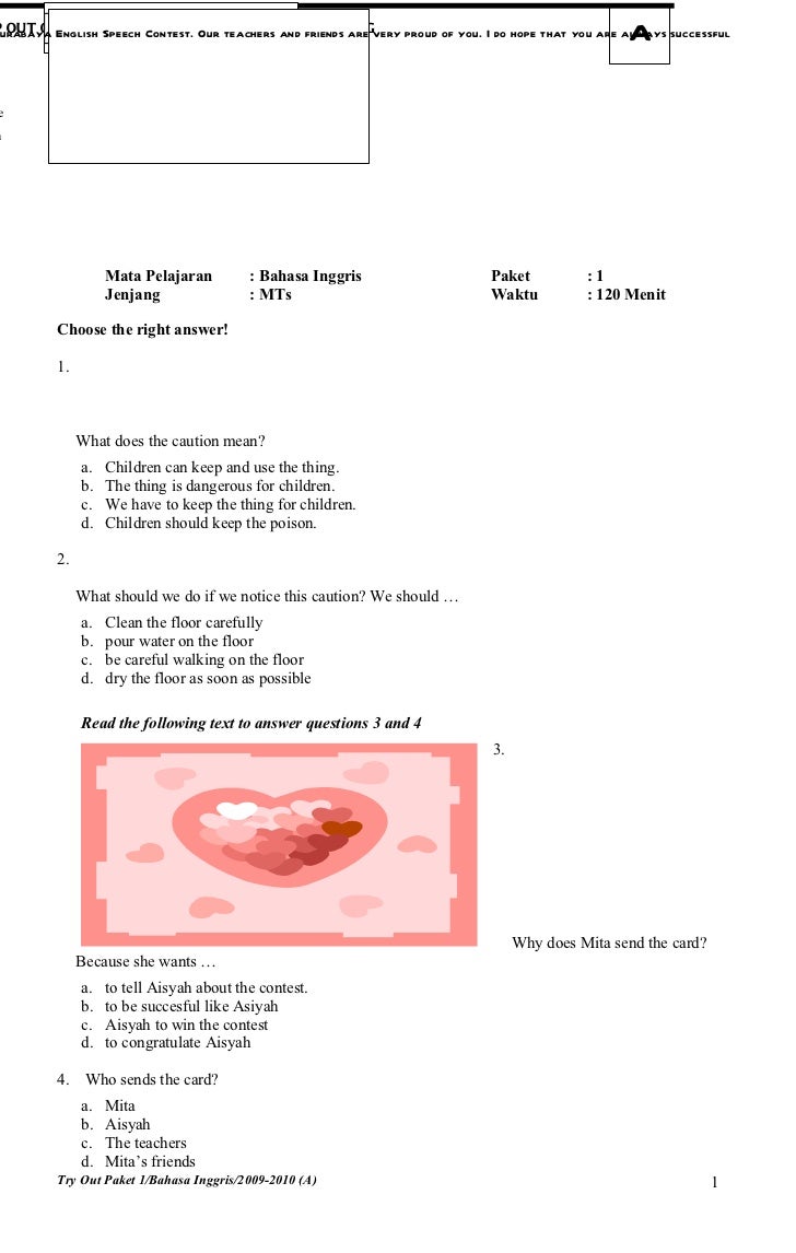 Soal Bahasa Inggris 1 A