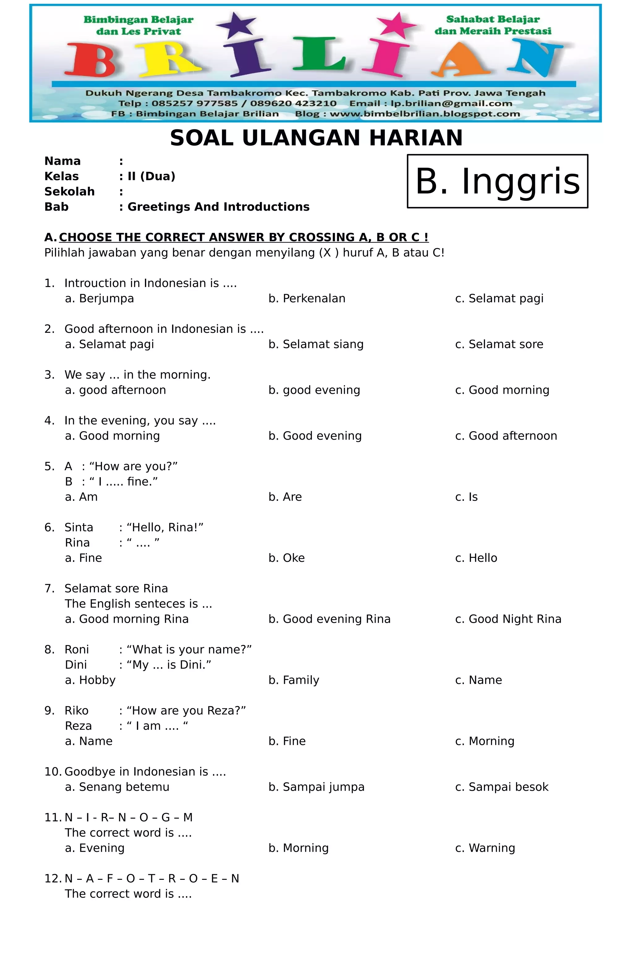 Belajar Sapaan dalam Bahasa Inggris: Panduan Lengkap Soal Latihan Greeting untuk Kelas 2 SD Belajar Sapaan dalam Bahasa Inggris: Panduan Lengkap Soal Latihan Greeting untuk Kelas 2 SD