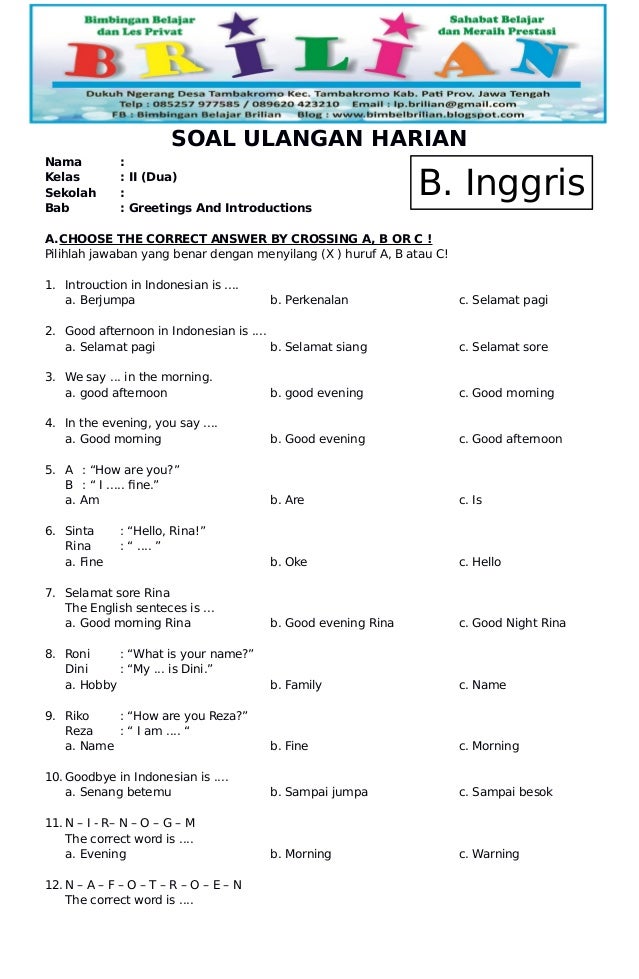 Soal Bahasa Inggris Kelas 2 Sd Semester 1 Pdf