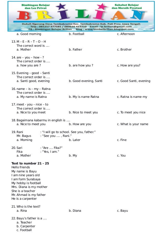 Contoh Soal Bahasa Inggris Kelas 2 Sd – Berbagai Contoh
