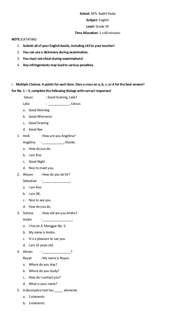 Soal Bahasa Inggris SMP MTs Greetings, Jobs