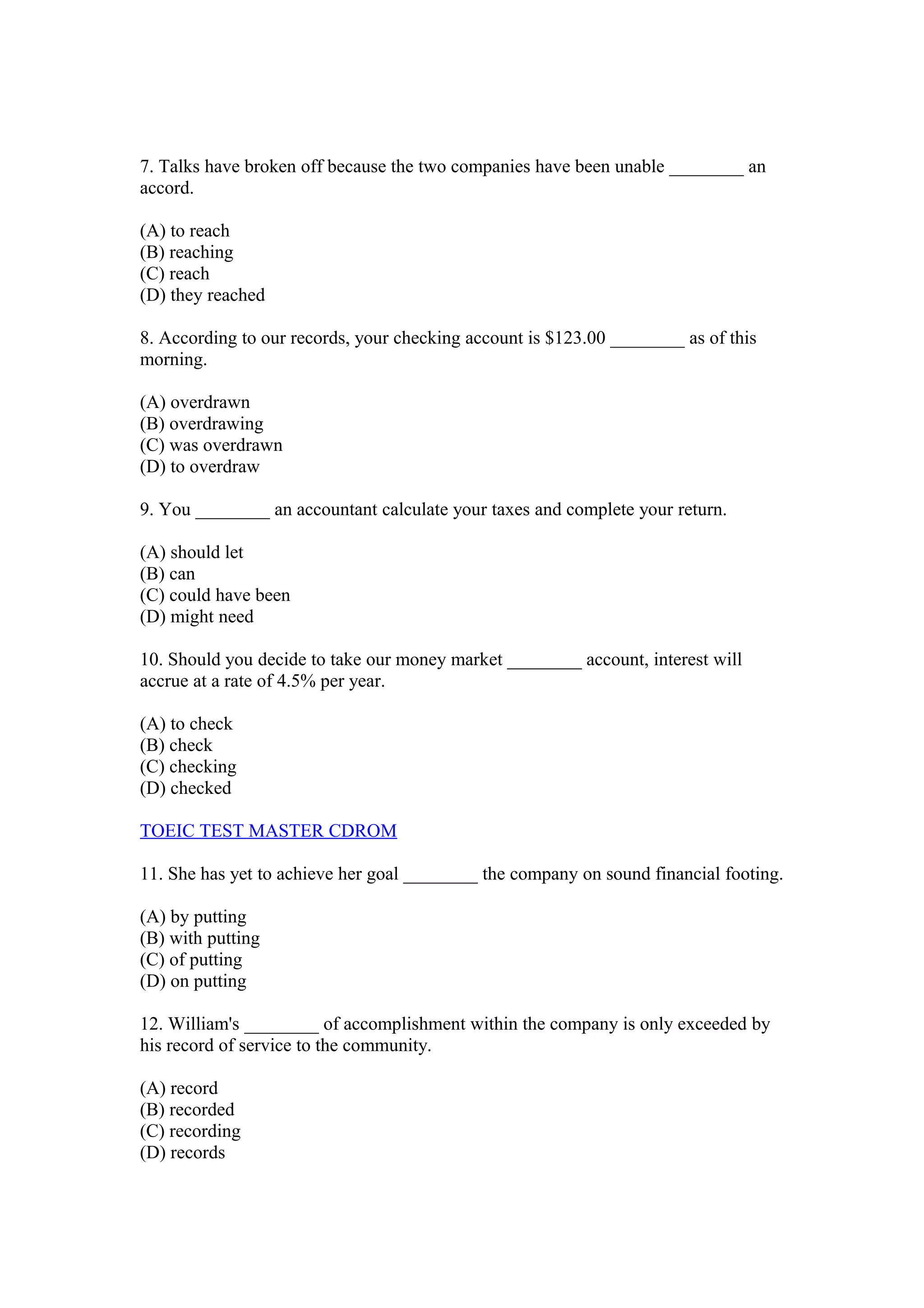 Soal Bahasa Inggris Toeic Grammar Doc Business Business And Finance