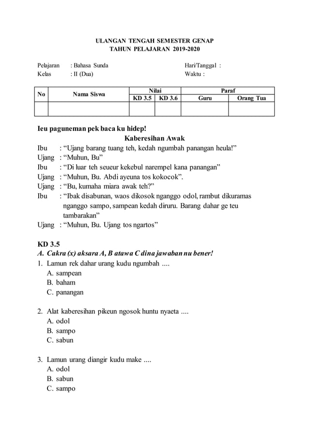 Ngamumulé Basa Sunda: Latihan Soal Semester 1 Pikeun Murid Kelas 2 Kurikulum 2013