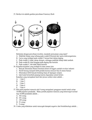 35. Berikut ini adalah gambar percobaan Fransisco Redi:




   A                            B                     C

    Berkaitan dengan percobaan tersebut, manakah pernyataan yang tepat?
    A. Makhluk hidup yang terbang pada wadah B berasal dari spora mikroorganisme.
    B. Larva yang terdapat pada wadah C berasal dari dalam daging.
    C. Pada wadah A tidak cukup oksigen, sehingga makhluk hidup tidak tumbuh.
    D. Pada wadah B, lalat hinggap pada daging dan bertelur
    E. Pada wadah C, lalt tidak dapat bertelur
36. Kejadian-kejadian yang terdapat di alam antara lain:
    1. Banyak ditemukan Biston betularia hitam di Inggris setelah revolusi industri
    2. Paruh burung menjadi lebih pendek karena mencari biji di antara batuan
    3. Ditemukan lebih banyak belalang hijau di lapangan rumput.
    4. kaki kuda bertambah panjang karena digunakan untuk berlari.
    Kejadian yang merupakan hasil dari proses seleksi alam adalah…
    A. 1 dan 2
    B. 1 dan 3
    C. 2 dan 3
    D. 2 dan 4
    E. 3 dan 4
37. Bila pada populasi manusia ada 9 orang mengalami gangguan mental untuk setiap
    10.000 populasi penduduk. Maka jumlah populasi manusia yang heterozigot normal
    tiap 10.000 penduduk adalah…
    A. 582 orang
    B. 291 orang
    C. 109 orang
    D. 91 orang
    E. 9 orang
38. Usaha yang dilakukan untuk mencegah dampak negative dari biotekhnologi adalah…
 
