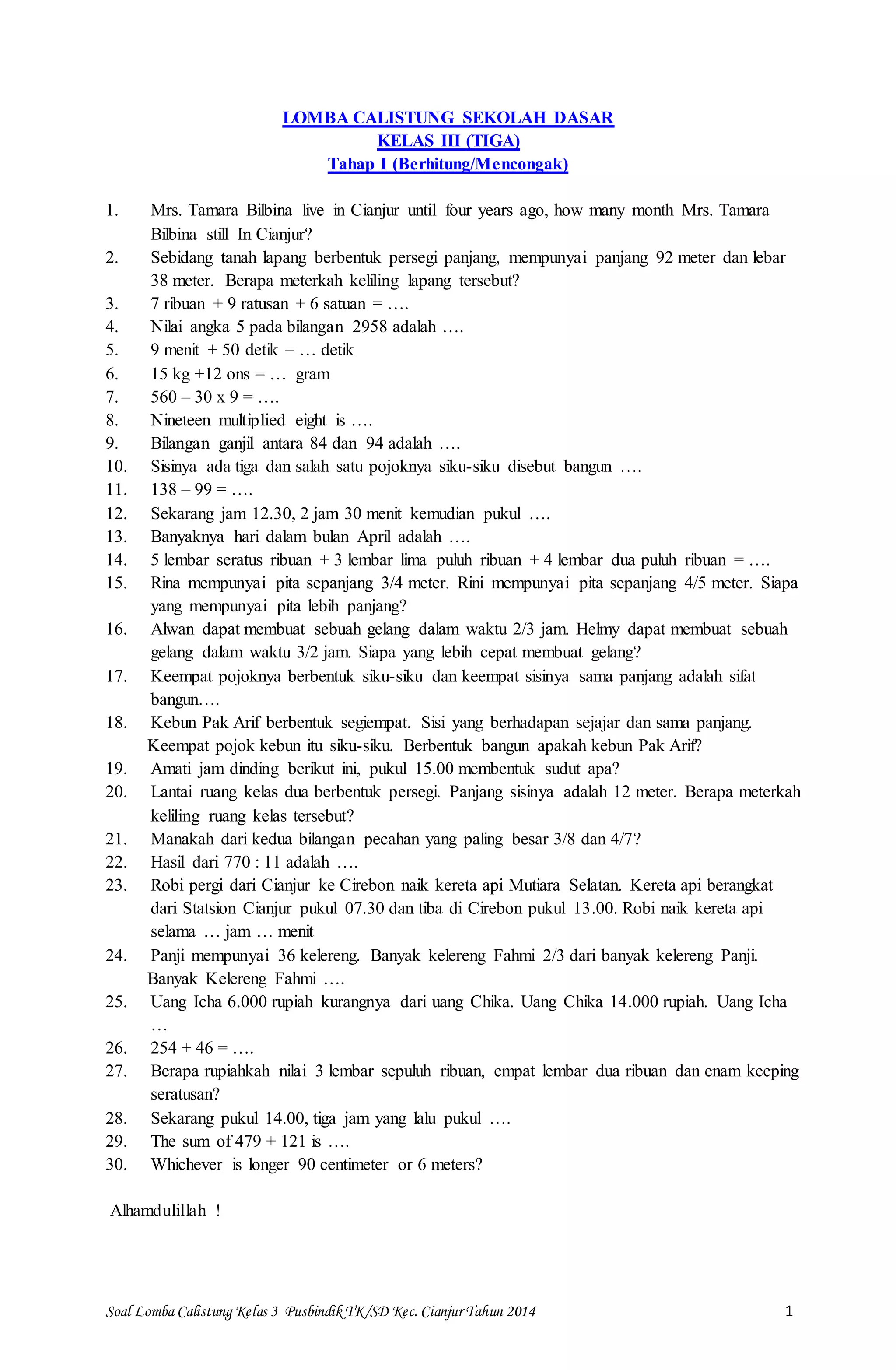 Contoh soal lomba calistung kelas 3 sekolah dasar ktsp Contoh soal lomba calistung kelas 3 sekolah dasar ktsp