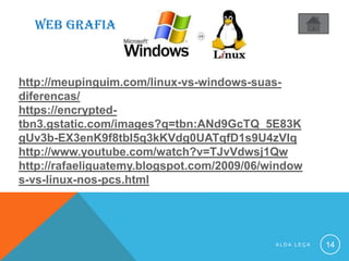 WEB GRAFIA
A L D A L E Ç A 14
http://meupinguim.com/linux-vs-windows-suas-
diferencas/
https://encrypted-
tbn3.gstatic.com/images?q=tbn:ANd9GcTQ_5E83K
gUv3b-EX3enK9f8tbI5q3kKVdg0UATqfD1s9U4zVIq
http://www.youtube.com/watch?v=TJvVdwsj1Qw
http://rafaeliguatemy.blogspot.com/2009/06/window
s-vs-linux-nos-pcs.html
 