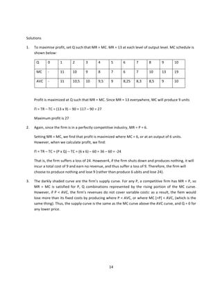  
Solutions	
  
1.	
  

To	
  maximise	
  profit,	
  set	
  Q	
  such	
  that	
  MR	
  =	
  MC.	
  MR	
  =	
  13	
  at	
  each	
  level	
  of	
  output	
  level.	
  MC	
  schedule	
  is	
  
shown	
  below:	
  
Q	
  

0	
  

1	
  

2	
  

3	
  

4	
  

5	
  

6	
  

7	
  

8	
  

9	
  

10	
  

MC	
  

-­‐	
  

11	
  

10	
  

9	
  

8	
  

7	
  

6	
  

7	
  

10	
  

13	
  

19	
  

AVC	
   -­‐	
  

11	
  

10,5	
  

10	
  

9,5	
  

9	
  

8,25	
  

8,3	
  

8,5	
  

9	
  

10	
  

	
  
	
  

Profit	
  is	
  maximized	
  at	
  Q	
  such	
  that	
  MR	
  =	
  MC.	
  Since	
  MR	
  =	
  13	
  everywhere,	
  MC	
  will	
  produce	
  9	
  units	
  

	
  

Π	
  =	
  TR	
  –	
  TC	
  =	
  (13	
  x	
  9)	
  –	
  90	
  =	
  117	
  –	
  90	
  =	
  27	
  

	
  

Maximum	
  profit	
  is	
  27	
  

2.	
  

Again,	
  since	
  the	
  firm	
  is	
  in	
  a	
  perfectly	
  competitive	
  industry,	
  MR	
  =	
  P	
  =	
  6.	
  	
  

	
  

Setting	
  MR	
  =	
  MC,	
  we	
  find	
  that	
  profit	
  is	
  maximized	
  where	
  MC	
  =	
  6,	
  or	
  at	
  an	
  output	
  of	
  6	
  units.	
  
However,	
  when	
  we	
  calculate	
  profit,	
  we	
  find:	
  

	
  

Π	
  =	
  TR	
  –	
  TC	
  =	
  (P	
  x	
  Q)	
  –	
  TC	
  =	
  (6	
  x	
  6)	
  –	
  60	
  =	
  36	
  –	
  60	
  =	
  -­‐24	
  

	
  

That	
  is,	
  the	
  firm	
  suffers	
  a	
  loss	
  of	
  24.	
  However4,	
  if	
  the	
  firm	
  shuts	
  down	
  and	
  produces	
  nothing,	
  it	
  will	
  
incur	
  a	
  total	
  cost	
  of	
  9	
  and	
  earn	
  no	
  revenue,	
  and	
  thus	
  suffer	
  a	
  loss	
  of	
  9.	
  Therefore,	
  the	
  firm	
  will	
  
choose	
  to	
  produce	
  nothing	
  and	
  lose	
  9	
  (rather	
  than	
  produce	
  6	
  ubits	
  and	
  lose	
  24).	
  

3.	
  

The	
  darkly	
  shaded	
  curve	
  are	
  the	
  firm’s	
  supply	
  curve.	
  For	
  any	
  P,	
  a	
  competitive	
  firm	
  has	
  MR	
  =	
  P,	
  so	
  
MR	
   =	
   MC	
   is	
   satisfied	
   for	
   P,	
   Q	
   combinations	
   represented	
   by	
   the	
   rising	
   portion	
   of	
   the	
   MC	
   curve.	
  
However,	
   if	
   P	
   <	
   AVC,	
   the	
   firm’s	
   revenues	
   do	
   not	
   cover	
   variable	
   costs:	
   as	
   a	
   result,	
   the	
   fiem	
   would	
  
lose	
  more	
  than	
  its	
  fixed	
  costs	
  by	
  producing	
  where	
  P	
  <	
  AVC,	
  or	
  where	
  MC	
  [=P]	
  <	
  AVC,	
  (which	
  is	
  the	
  
same	
  thing).	
  Thus,	
  the	
  supply	
  curve	
  is	
  the	
  same	
  as	
  the	
  MC	
  curve	
  above	
  the	
  AVC	
  curve,	
  and	
  Q	
  =	
  0	
  for	
  
any	
  lower	
  price.	
  

14	
  
	
  

 