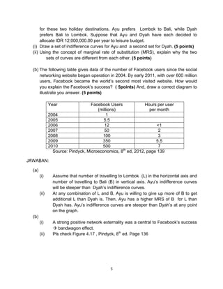 for these two holiday destinations. Ayu prefers Lombok to Bali, while Dyah
prefers Bali to Lombok. Suppose that Ayu and Dyah have each decided to
allocate IDR 12,000,000.00 per year to leisure budget.
(i) Draw a set of indifference curves for Ayu and a second set for Dyah. (5 points)
(ii) Using the concept of marginal rate of substitution (MRS), explain why the two
sets of curves are different from each other. (5 points)
(b) The following table gives data of the number of Facebook users since the social
networking website began operation in 2004. By early 2011, with over 600 million
users, Facebook became the world’s second most visited website. How would
you explain the Facebook’s success? ( 5points) And, draw a correct diagram to
illustrate you answer. (5 points)
Year

Facebook Users
Hours per user
(millions)
per month
2004
1
2005
5.5
2006
12
<1
2007
50
2
2008
100
3
2009
350
5.5
2010
500
7
Source: Pindyck, Microeconomics, 8th ed, 2012, page 139
JAWABAN:
(a)
(i)

(ii)

Assume that number of travelling to Lombok (L) in the horizontal axis and
number of travelling to Bali (B) in vertical axis. Ayu’s indifference curves
will be steeper than Dyah’s indifference curves.
At any combination of L and B, Ayu is willing to give up more of B to get
additional L than Dyah is. Then, Ayu has a higher MRS of B for L than
Dyah has. Ayu’s indifference curves are steeper than Dyah’s at any point
on the graph.

(b)
(i)
(ii)

A strong positive network externality was a central to Facebook’s success
à bandwagon effect.
Pls check Figure 4.17 , Pindyck, 8th ed. Page 136

5	
  
	
  

 