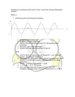 Pembahasan soal latihan dari buku fisika 3A Bab 1 untuk SMA, karangan Mikrajuddin
Abdullah

Bagian A

   1. perhatikan gambar gelombang pada disamping.




           a. Berapakah panjang gelombang?
           b. Berapakah amplitudo gelombang?
           c. Misalkan frekuensi gelomabang adalah 4 Hz. Berapakah periode
              gelombang?
           d. Berapakah cepat rambat gelombang?
           e. Manakah titik yang sefase dengan titik I, B, dan M?

      Jawab:

           a. jarak EG adalah setengah panjang gelombang (EG = 5 cm). Ini berarti
              panjang gelombangnya adalah 10 cm
           b. pada gambar kita dapat melihat bahwa amplitudo dari gelombang tersebut
              adalah 20 cm (amplitudo merupakan simpangan terbesar dari sebuah
              gelombang).
           c. Periode = 1/frekuensi, maka periode = ¼ detik
           d. v = λ ⋅ f    v = 20 ⋅ 4 = 80 cm/detik
           e. Titik yang sefse dengan titik B antara lain titik F, dan titik J
              Sedangkan yang sefase dengan titik I dan M adalah titik A, C, G, dan K
 