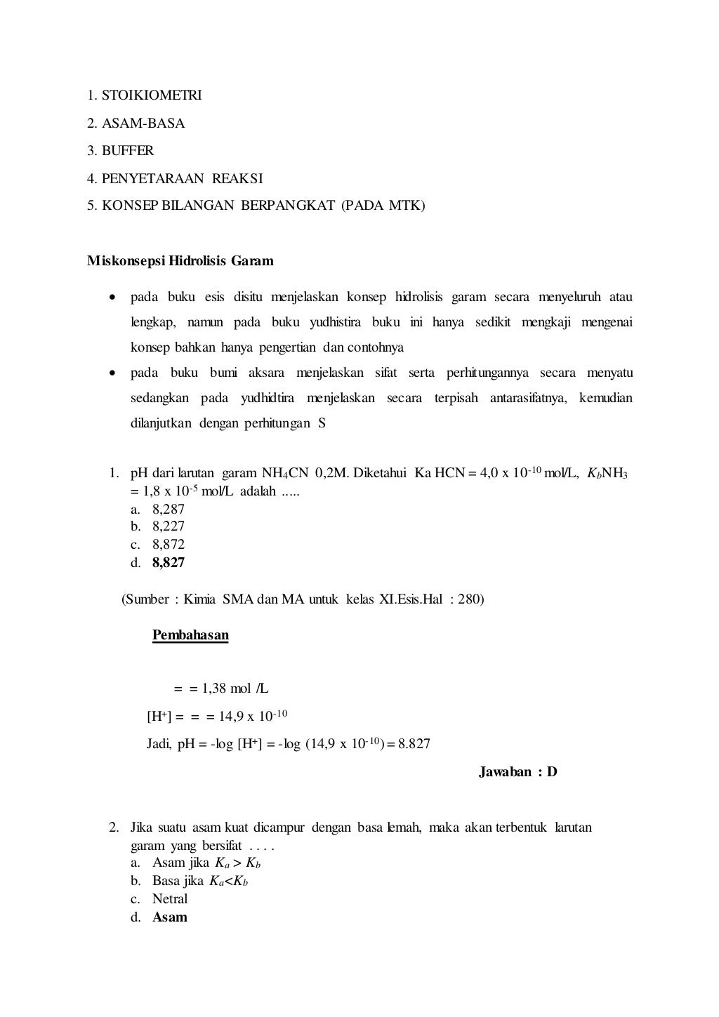 Soal dan pembahasan hidrolisis garam kimia