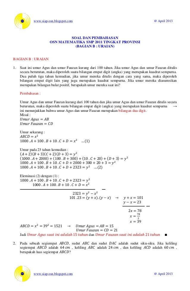 Soal Dan Pembahasan Osn Matematika 2011 Bagian B Uraian Tingkat Provi