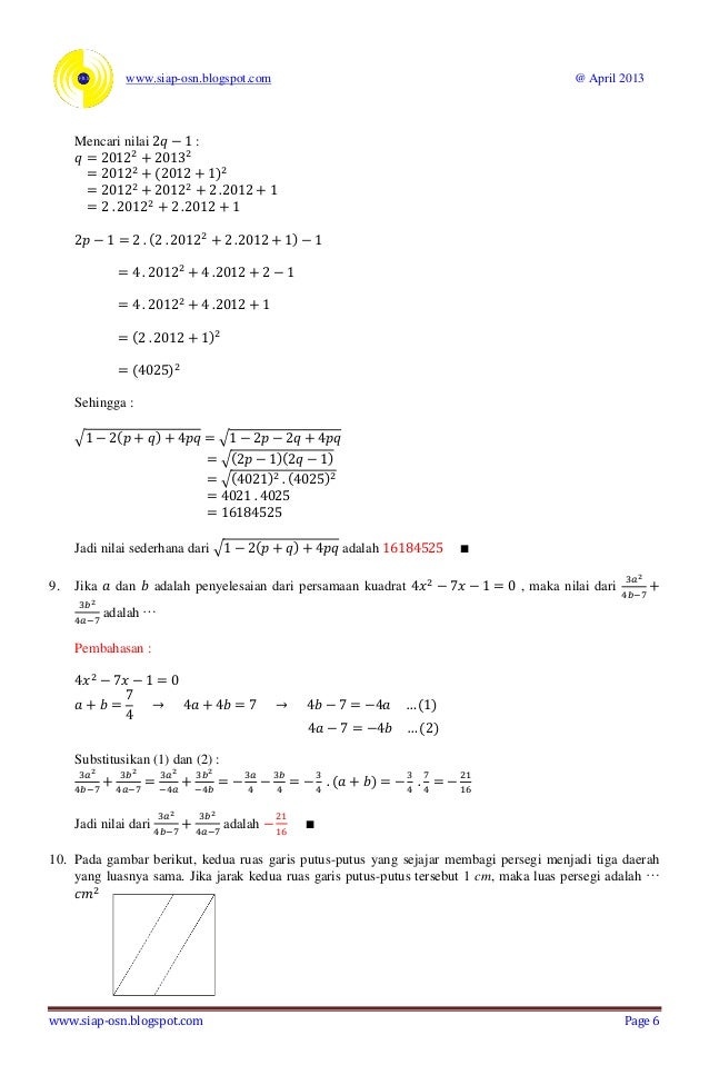 Contoh Soal Soal Olimpiade Matematika Smp Persamaan Kuadrat