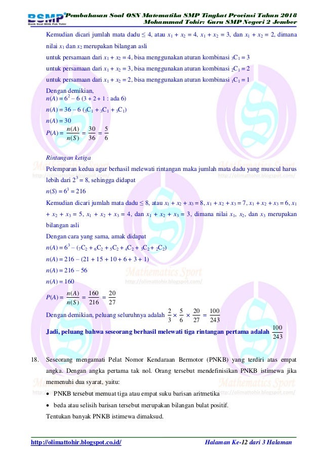 Soal Dan Pembahasan Osn Matematika Smp Tingkat Provinsi 2018