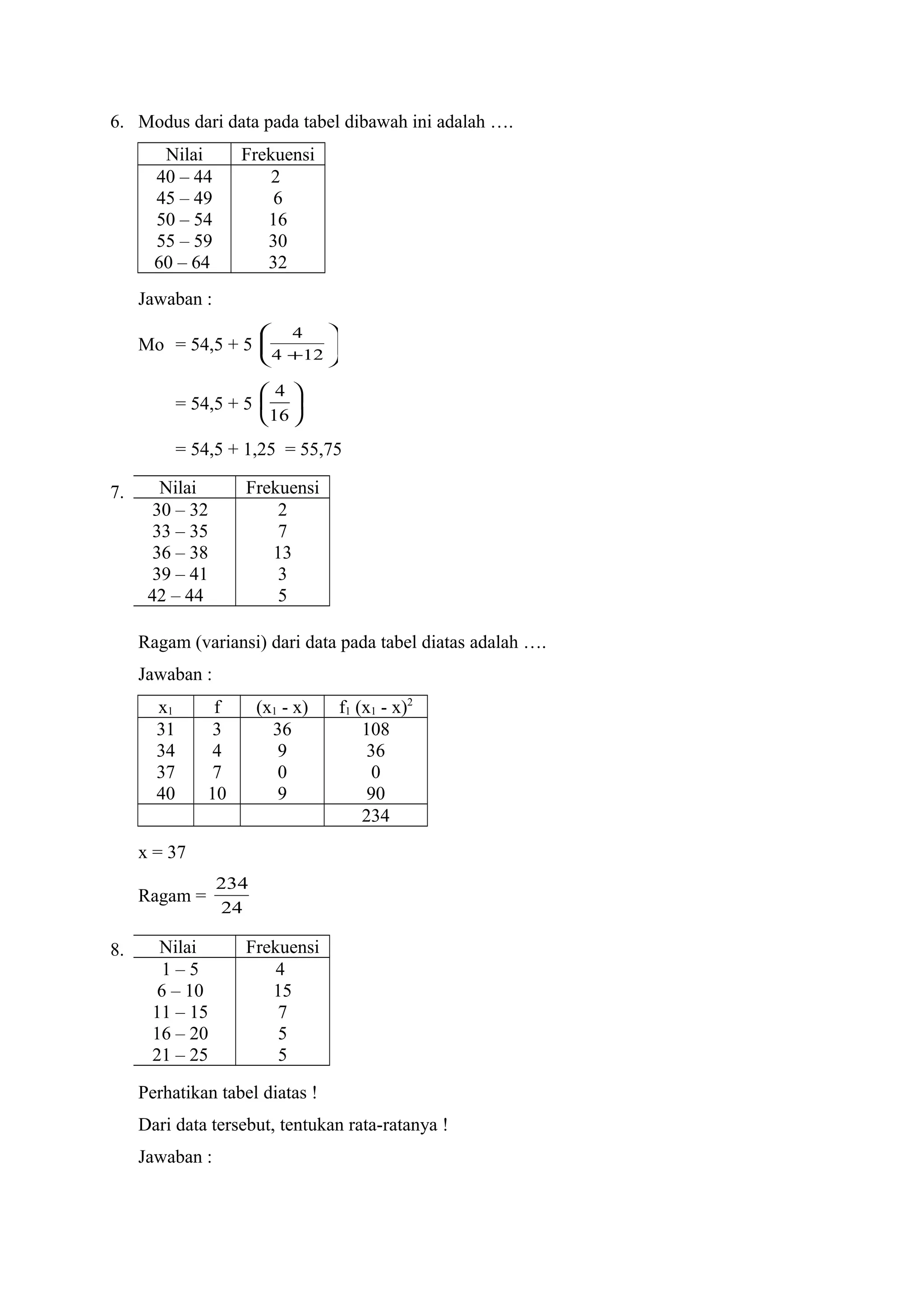 6. Modus dari data pada tabel dibawah ini adalah ….
Nilai Frekuensi
40 – 44
45 – 49
50 – 54
55 – 59
60 – 64
2
6
16
30
32
Jawaban :
Mo = 54,5 + 5 





+124
4
= 54,5 + 5 





16
4
= 54,5 + 1,25 = 55,75
7.
Ragam (variansi) dari data pada tabel diatas adalah ….
Jawaban :
x1 f (x1 - x) f1 (x1 - x)2
31
34
37
40
3
4
7
10
36
9
0
9
108
36
0
90
234
x = 37
Ragam =
24
234
8.
Perhatikan tabel diatas !
Dari data tersebut, tentukan rata-ratanya !
Jawaban :
Nilai Frekuensi
30 – 32
33 – 35
36 – 38
39 – 41
42 – 44
2
7
13
3
5
Nilai Frekuensi
1 – 5
6 – 10
11 – 15
16 – 20
21 – 25
4
15
7
5
5
 