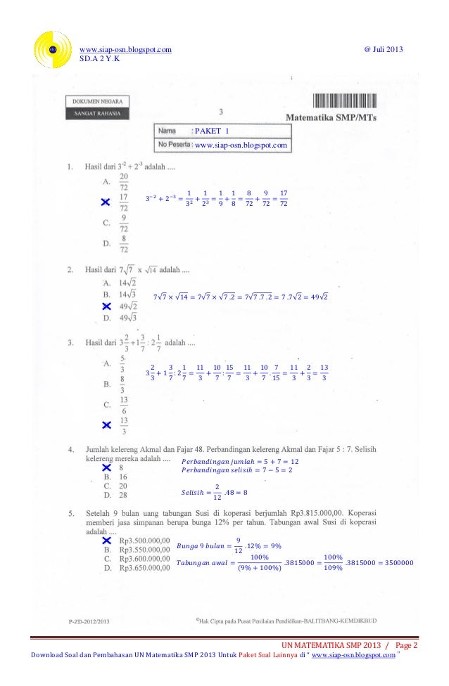 Soal Dan Pembahasan Ujian Nasional Matematika Smp 2013