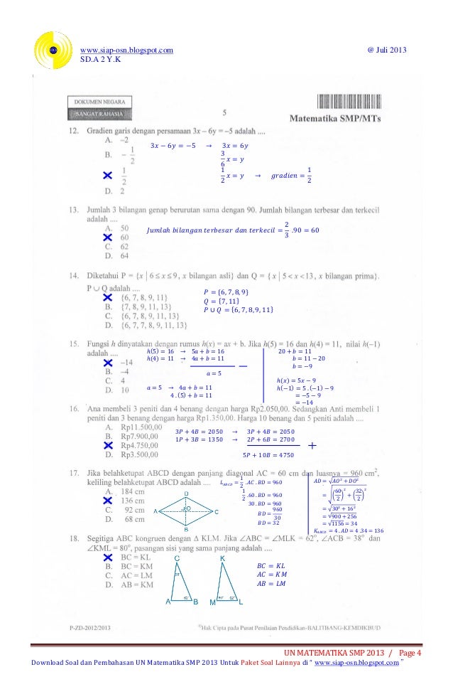 Soal dan pembahasan ujian nasional matematika smp 2013