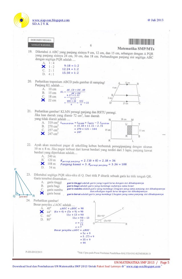 Soal dan pembahasan un matematika smp 2018