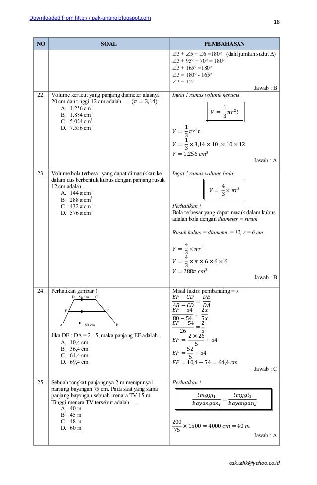 Soal dan pembahasan un matematika smp 2012 lengkap