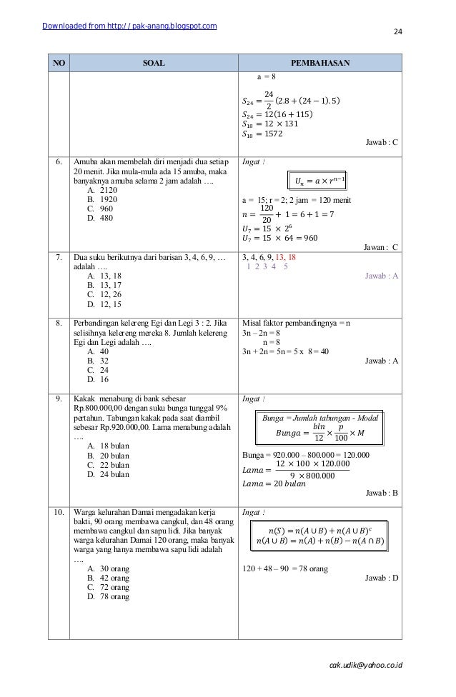 Soal dan pembahasan un matematika smp 2012 lengkap