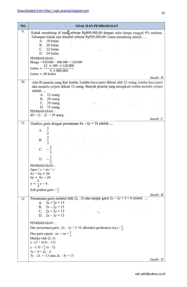 Soal dan pembahasan un matematika smp 2012 lengkap
