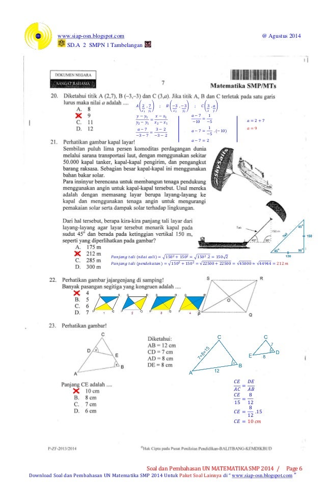 Soal un smp matematika dan pembahasannya