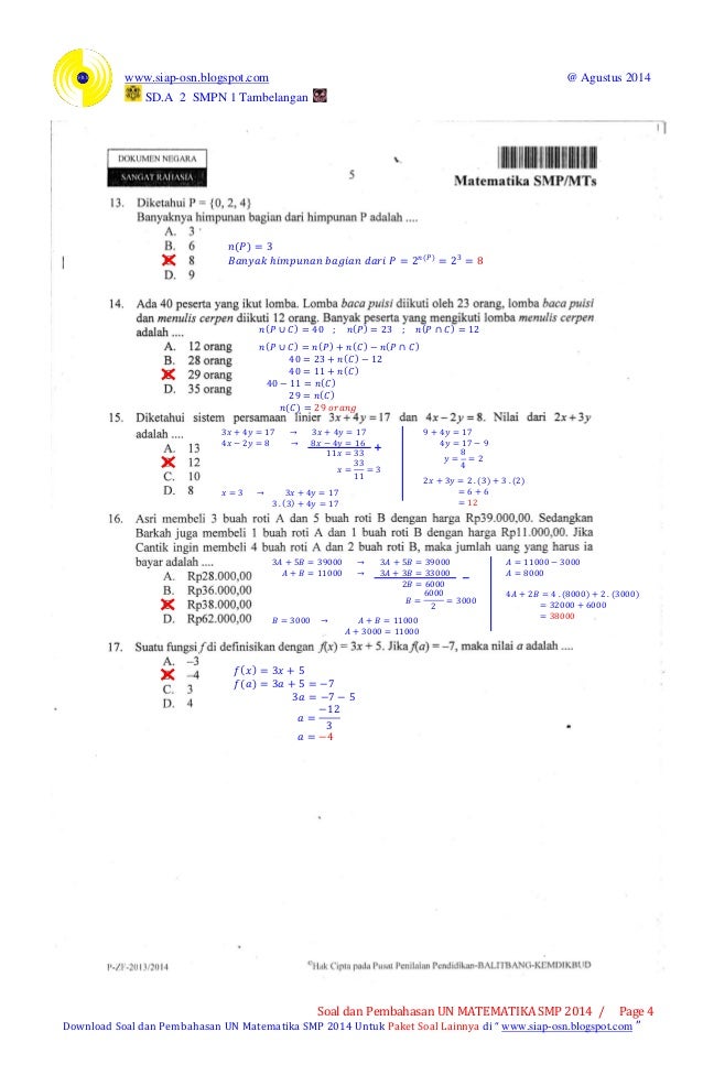 Soal Dan Pembahasan Un Matematika Smp 2014 Paket 1