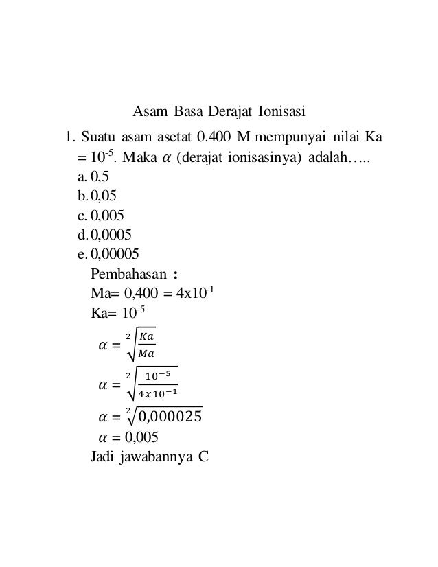 Soal Derajat Ionisasi Kimia