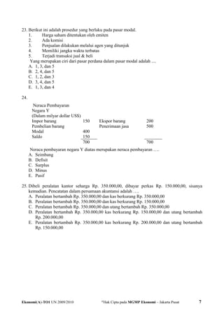 23. Berikut ini adalah prosedur yang berlaku pada pasar modal.
1. Harga saham ditentukan oleh emiten
2. Ada komisi
3. Penjualan dilakukan melalui agen yang ditunjuk
4. Memiliki jangka waktu terbatas
5. Terjadi transaksi jual & beli
Yang merupakan ciri dari pasar perdana dalam pasar modal adalah ....
A. 1, 3, dan 5
B. 2, 4, dan 5
C. 1, 2, dan 3
D. 3, 4, dan 5
E. 1, 3, dan 4
24.
Neraca Pembayaran
Negara Y
(Dalam milyar dollar US$)
Impor barang 150 Ekspor barang 200
Pembelian barang Penerimaan jasa 500
Modal 400
Saldo 150
700 700
Neraca pembayaran negara Y diatas merupakan neraca pembayaran ….
A. Seimbang
B. Defisit
C. Surplus
D. Minus
E. Pasif
25. Dibeli peralatan kantor seharga Rp. 350.000,00, dibayar perkas Rp. 150.000,00, sisanya
kemudian. Pencatatan dalam persamaan akuntansi adalah ….
A. Peralatan bertambah Rp. 350.000,00 dan kas berkurang Rp. 350.000,00
B. Peralatan bertambah Rp. 350.000,00 dan kas berkurang Rp. 150.000,00
C. Peralatan bertambah Rp. 350.000,00 dan utang bertambah Rp. 350.000,00
D. Peralatan bertambah Rp. 350.000,00 kas berkurang Rp. 150.000,00 dan utang bertambah
Rp. 200.000,00
E. Peralatan bertambah Rp. 350.000,00 kas berkurang Rp. 200.000,00 dan utang bertambah
Rp. 150.000,00
Ekonomi(A)-TO1 UN 2009/2010 @
Hak Cipta pada MGMP Ekonomi – Jakarta Pusat 7
 
