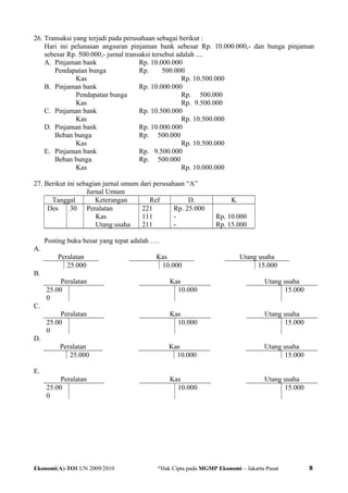 26. Transaksi yang terjadi pada perusahaan sebagai berikut :
Hari ini pelunasan angsuran pinjaman bank sebesar Rp. 10.000.000,- dan bunga pinjaman
sebesar Rp. 500.000,- jurnal transaksi tersebut adalah ....
A. Pinjaman bank Rp. 10.000.000
Pendapatan bunga Rp. 500.000
Kas Rp. 10.500.000
B. Pinjaman bank Rp. 10.000.000
Pendapatan bunga Rp. 500.000
Kas Rp. 9.500.000
C. Pinjaman bank Rp. 10.500.000
Kas Rp. 10.500.000
D. Pinjaman bank Rp. 10.000.000
Beban bunga Rp. 500.000
Kas Rp. 10.500.000
E. Pinjaman bank Rp. 9.500.000
Beban bunga Rp. 500.000
Kas Rp. 10.000.000
27. Berikut ini sebagian jurnal umum dari perusahaan “A”
Jurnal Umum
Tanggal Keterangan Ref D. K
Des 30 Peralatan 221 Rp. 25.000
Kas 111 - Rp. 10.000
Utang usaha 211 - Rp. 15.000
Posting buku besar yang tepat adalah ….
A.
Peralatan Kas Utang usaha
25.000 10.000 15.000
B.
Peralatan Kas Utang usaha
25.00
0
10.000 15.000
C.
Peralatan Kas Utang usaha
25.00
0
10.000 15.000
D.
Peralatan Kas Utang usaha
25.000 10.000 15.000
E.
Peralatan Kas Utang usaha
25.00
0
10.000 15.000
Ekonomi(A)-TO1 UN 2009/2010 @
Hak Cipta pada MGMP Ekonomi – Jakarta Pusat 8
 