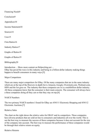 Financing Needs9
Conclusion9
Appendices10
Income Statement10
Sources14
Uses15
Firm Ratios16
Industry Ratios17
Graphs of Ratios18
Graphs of Ratios19
Bibliography20
Introduction ... Show more content on Helpwriting.net ...
EBay has paved the wave in this industry and being in a billion dollar industry making things
happen to benefit consumers in many ways.[5]
Major Competitors
There are many major competitors for EBay. Of the many companies that are in the same industry
which are at the top of the Hoovers in depth list is Amazon, Google, Overstock.com, Walmart.com,
HSN and the list goes on. The industry that these companies are in is a multibillion dollar industry.
All these companies know that the consumer is their main concern. The consumer will always have
a these companies doing all they can so that they stay on top.[6]
NAICS Numbers
The two primary NAICS numbers I found for EBay are 454111 Electronic Shopping and 454112
Electronic Auctions.[7]
Relative Sales
The chart on the right shows the relative sales for EBAY and its competitors. These companies
have diverse products that are sold on line to consumers and industries all over the world. This is
not the best way to measure the success of these companies because it does not account for the size
of the company into account. The best way to measure the performance of these companies would
be through their relative return on equity.
Relative Returns
 