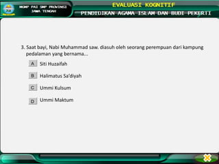 3. Saat bayi, Nabi Muhammad saw. diasuh oleh seorang perempuan dari kampung
pedalaman yang bernama...
Siti Huzaifah
Halimatus Sa’diyah
Ummi Kulsum
Ummi Maktum
A
B
C
D
