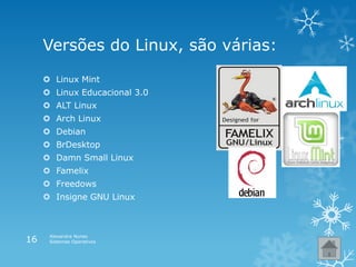 Versões do Linux, são várias:
 Linux Mint
 Linux Educacional 3.0
 ALT Linux
 Arch Linux
 Debian
 BrDesktop
 Damn Small Linux
 Famelix
 Freedows
 Insigne GNU Linux
Alexandra Nunes
Sistemas Operativos16
 