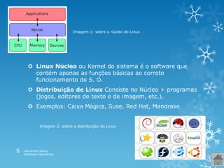  Linux Núcleo ou Kernel do sistema é o software que
contém apenas as funções básicas ao correto
funcionamento do S. O.
 Distribuição de Linux Consiste no Núcleo + programas
(jogos, editores de texto e de imagem, etc.).
 Exemplos: Caixa Mágica, Suse, Red Hat, Mandrake
Imagem 1: sobre o núcleo do Linux
Imagem 2: sobre a distribuição do Linux
Alexandra Nunes
Sistemas Operativos
6
 