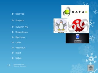  KeeP-OS
 Knoppix
 Kurumin NG
 DreamLinux
 Big Linux
 Linex
 Resulinux
 Rxart
 Satux
Alexandra Nunes
Sistemas Operativos17
 
