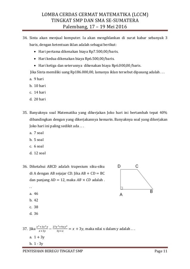 Soal Cerdas Cermat Matematika Smp Kelas 7 Guru Kemdikbud