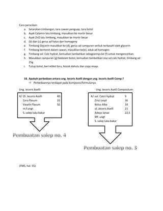 Cara peracikan:
a. Setarakan timbangan, tara cawan penguap, tara botol
b. Ayak Calamin lalu timbang, masukkan ke mortir besar
c. Ayak ZnO lalu timbang, masukkan ke mortir besar
d. (b) dan (c) gerus ad halus dan homogeny
e. Timbang Glycerin masukkan ke (d), gerus ad campuran serbuk terbasahi oleh glycerin
f. Timbang bentonit dalam cawan, masukkan ke(e), aduk ad homogen.
g. Timbang sol. Calc hydrat, kemudian tambahkan sebagiannya ke (f) untuk mengencerkan.
h. Masukkan campuran (g) kedalam botol, kemudian tambahkan sisa sol.calc hydrat, timbang ad
25g
i. Tutup botol, beri etiket biru, kocok dahulu dan copy resep.

18. Apakah perbedaan antara ung. Iecoris Aselli dengan ung. Iecoris Aselli Comp.?
 Perbedaannya terdapat pada komposisi/formulanya.
Ung. Iecoris Aselli:
R/ Ol. Jecoris Aselli
Cera flavum
Vaselin flavum
m.f ungt.
S. salep luka bakar

(FMS, hal. 55)

Ung. Iecoris Aselli Compositum:
40
10
50

R/ sol. Calcii hydrat
Zinci oxyd
Bolus Alba
ol. Jecoris Aselli
Adeps lanae
Mf. ungt
S. salep luka bakar

9
36
18
21
22,5

 