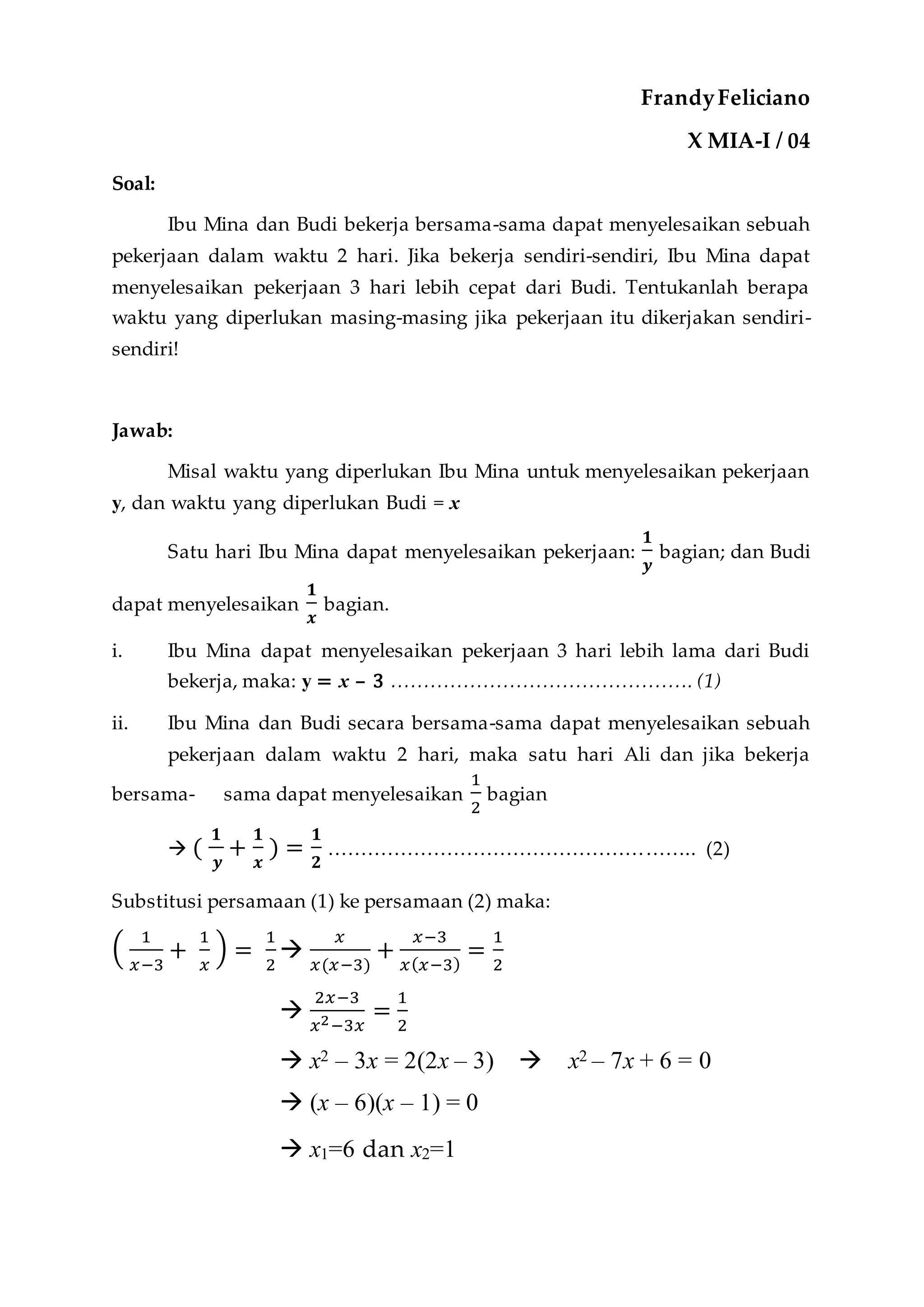 Soal Math Linear Soal Cerita Persamaan Linear dan Kuadrat | DOCX