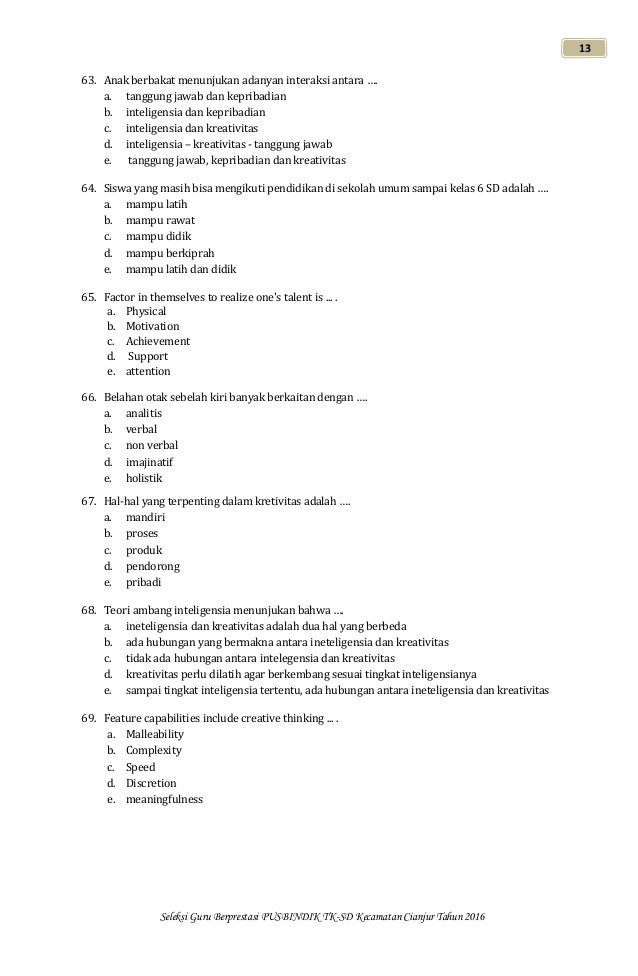 Soal Siswa Berprestasi Sd Tingkat Kecamatan 2016 Soal Siswa Berprestasi Sd Tingkat Kecamatan 2016